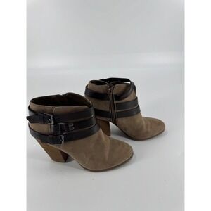 Women's Taupe Suede Ankle Boots Side Buckle Straps Block Heel Size 7.5